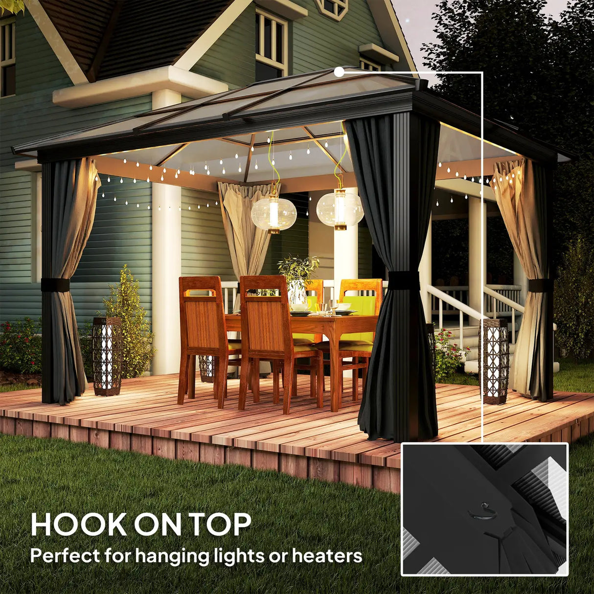 Outsunny 3 x 3.6m Hardtop Gazebo Canopy with Polycarbonate Roof, Aluminium Frame, Permanent Pavilion Garden Gazebo with Netting and Curtains for Patio, Deck, Dark Grey