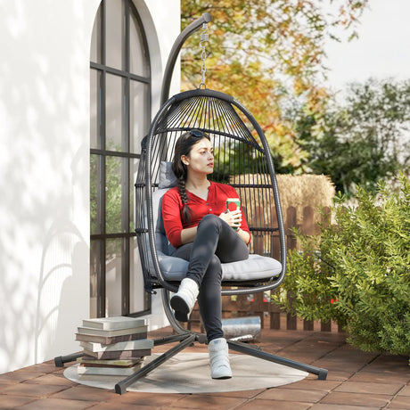 Outsunny Rattan Hanging Egg Chair with Stand, Foldable Wicker Swing Egg Chair with Cushion, Head Pillow, Steel Frame, Hammock Chair for Indoor Outdoor, Capacity 150 kg, Dark Grey