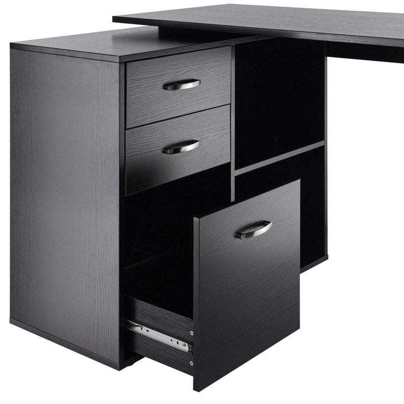 HOMCOM L-Shaped Computer Desk, 2 Shaped Corner Desk with Drawers, File Cabinet and Storage Shelves, Home Office Desk, 117 x 83.5 x 76cm, Black