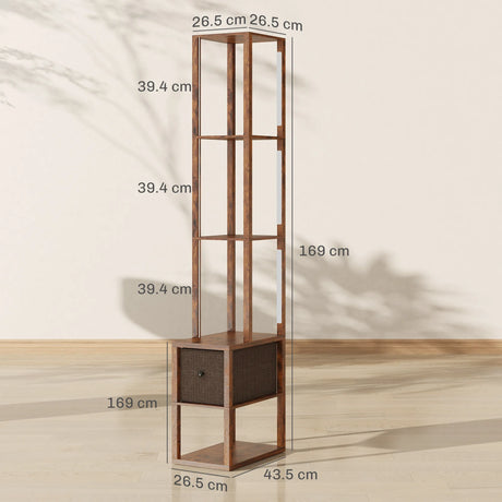 HOMCOM Floor Lamp with Shelves, LED Column Modern Standing Lamp with Fabric Drawer, Adjustable Brightness, Foot Switch for Living Room, Bedroom, Office, Rustic Brown