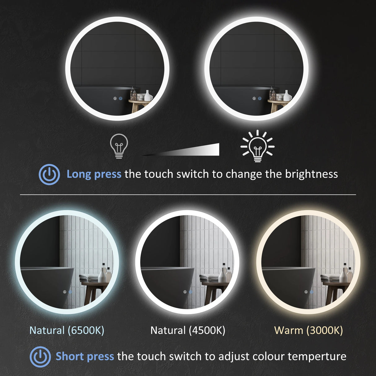 kleankin Round Bathroom Mirror with LED Lights, Wall-Mounted Dimmable Makeup Mirror with 3 Temperature Colours, Defogging Film, Memory Function, Hardwired, 70 x 70 cm