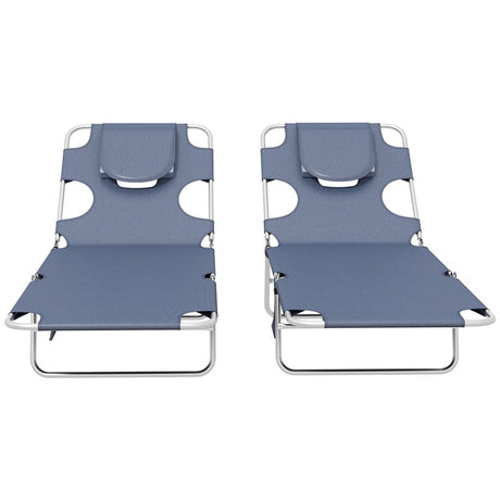 Outsunny Foldable Sun Lounger Set of 2 with Reading Hole, Portable Sun Lounger with 5 Level Adjustable Backrest, Reclining Lounge Chair with Side Pocket, Headrest Pillow, Grey