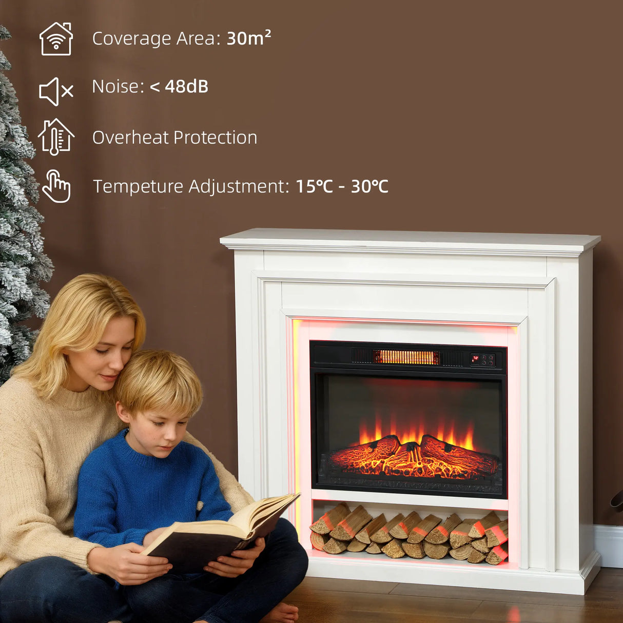 HOMCOM Electric Fireplace with RGB LED Lights, Realistic Flame Effect & 3 Brightness Levels, 1800W Inset Electric Fire and Mantel Reach up to 30 m2 Space with Remote & Timer for Living Room, White