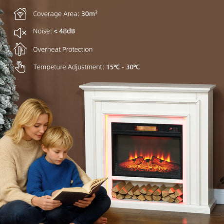 HOMCOM Electric Fireplace with RGB LED Lights, Realistic Flame Effect & 3 Brightness Levels, 1800W Inset Electric Fire and Mantel Reach up to 30 m2 Space with Remote & Timer for Living Room, White