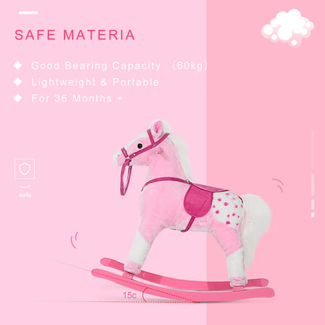 HOMCOM Baby Rocking Horse Plush Ride on Animals Rocker with Sound Handle Grip for Kids 3-6 Years - Pink