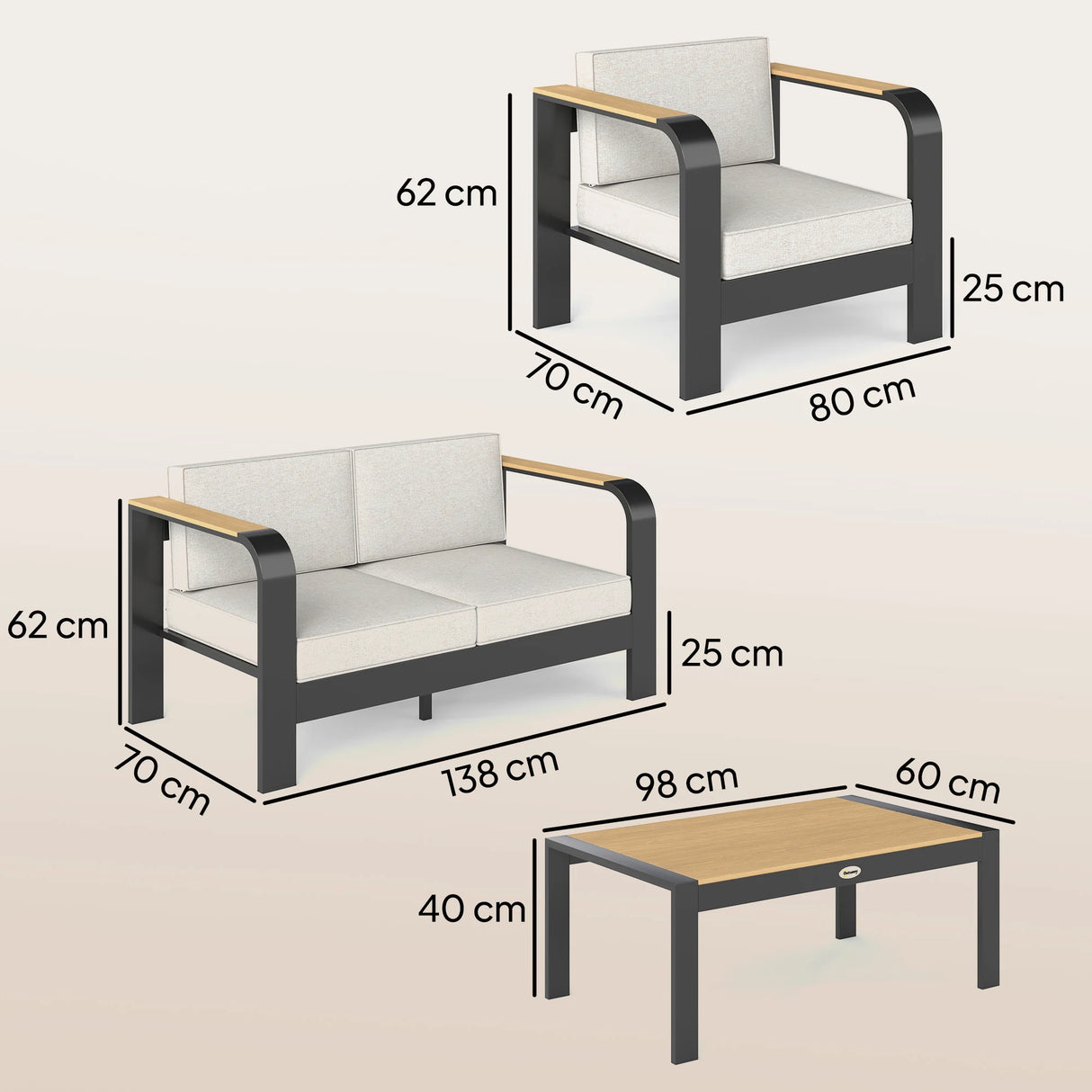 Outsunny 4 Seater Aluminium Garden Furniture Set, Olefin Cushions, Garden Sofa Set with Loveseat, Armchairs, Table, Beige