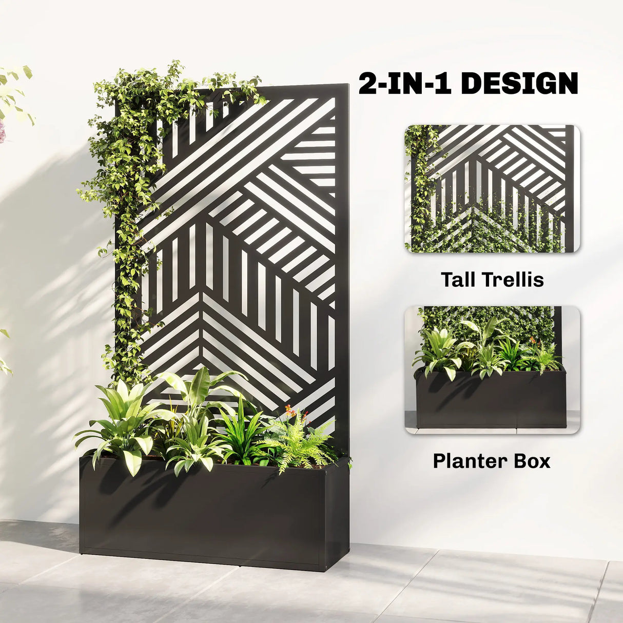 Outsunny Metal Garden Bed for Garden with Trellis, Raised Garden Bed with Privacy Screen, Geometric Slatted Cut-Out