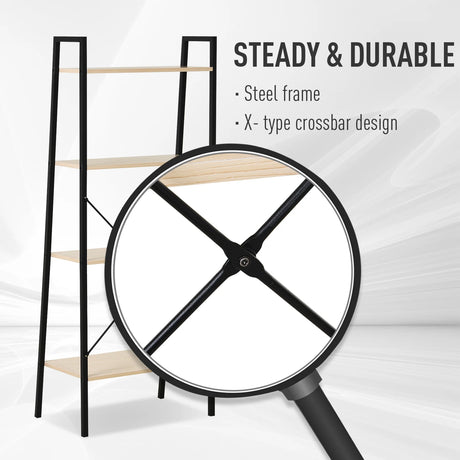 HOMCOM Ladder Shelf, Bookshelf, 4-Tier Industrial Storage Rack for Living Room, Bedroom, Kitchen, Oak and Black