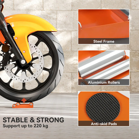 HOMCOM Motorcycle Wheel Cleaning Roller Stand with Steel Frame, Aluminium Rollers, Motorcycle Maintenance Stand for Tyre Cleaning and Chain Lubrication, Fit Tyre Width < 180mm, Bikes < 485lb, Orange