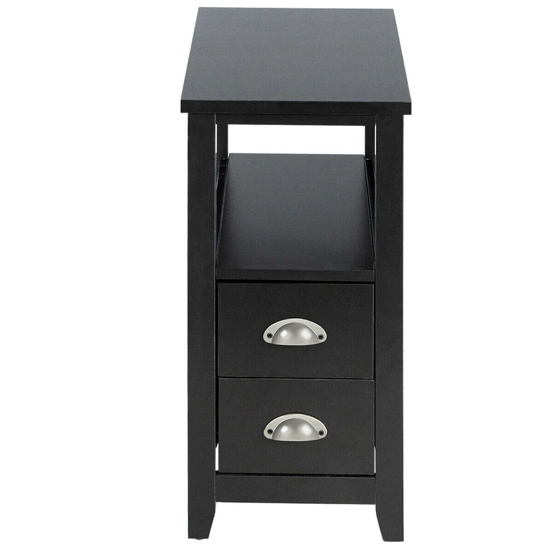 Retro Side Table Nightstand with 2 Drawers Stroage-Black