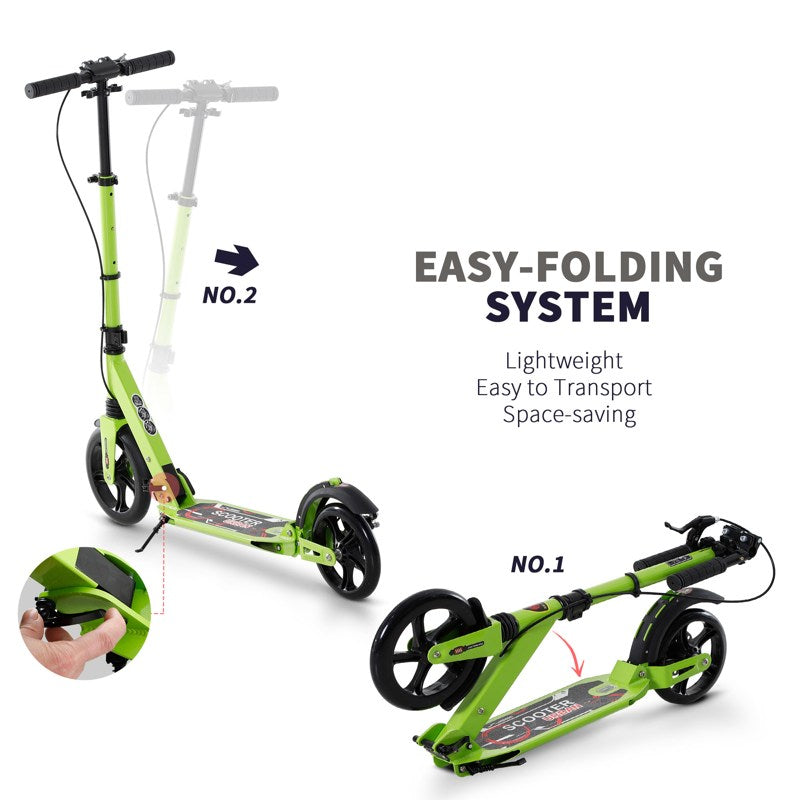 HOMCOM Kick Scooter, Folding 2 Wheel Scooter for 14+ Teens Adults, with Dual Brake System, Dual Suspension, 230mm Big Wheels, 3 Adjustable Handlebar, up to 100KG, Green