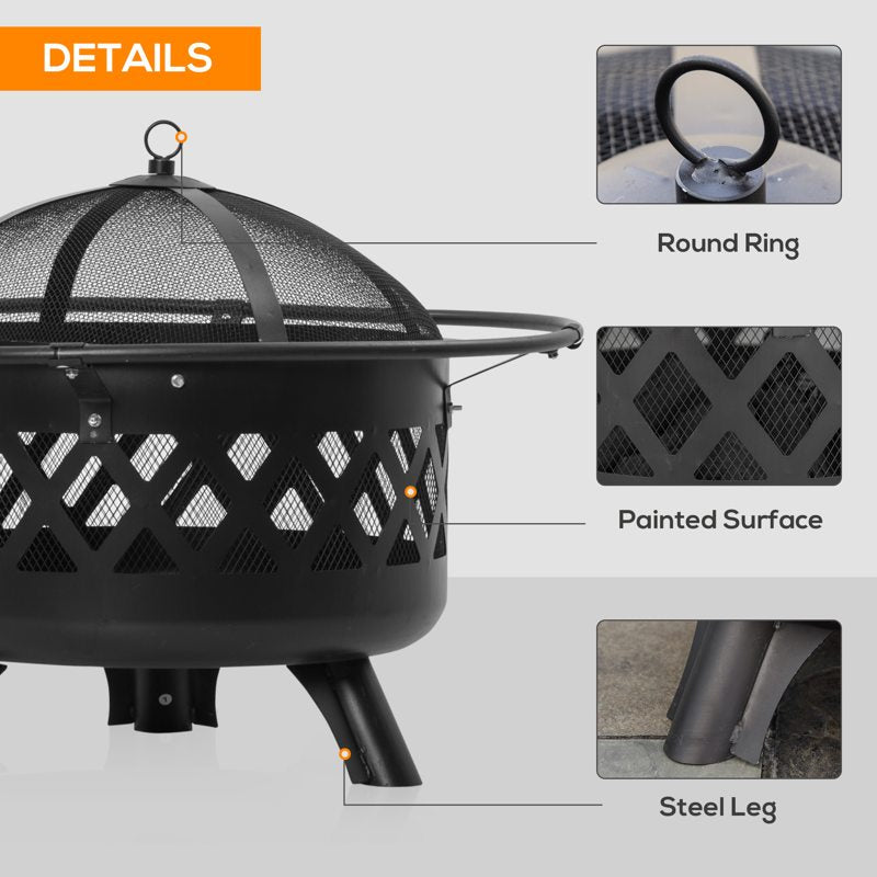 Outsunny 2-in-1 Outdoor Fire Pit with BBQ Grill, Patio Heater Log Wood Charcoal Burner, Firepit Bowl with Spark Screen Cover, Poker for Backyard Bonfire