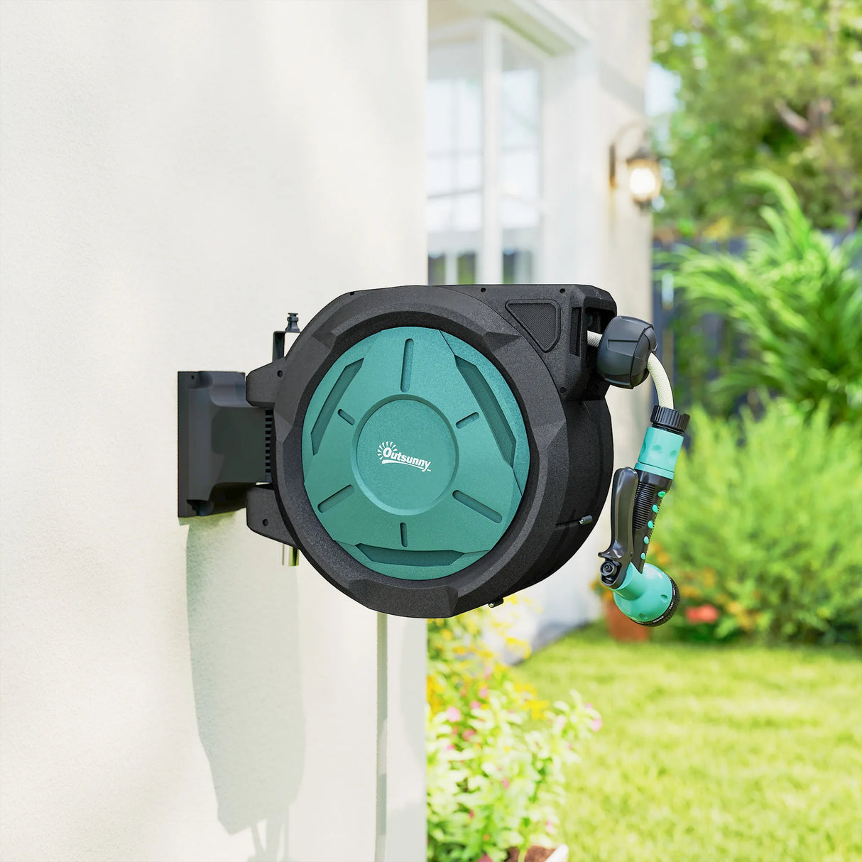 Outsunny Retractable Hose Reel Wall Mounted, 20+2m Garden Hose Pipe Reel with Lock, Auto Rewind, 7 in 1 Spray Nozzle, Includes Wall Fixings, 180 Swivel, Outdoor Watering, 54 x 20 x 39 cm, Black