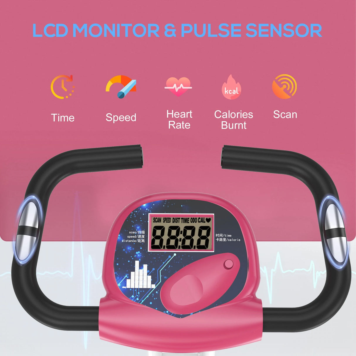 HOMCOM Folding Exercise Bike, Fitness Bicycle Indoor Trainer, 8-Level Magnetic Resistance Adjustable, with LCD Monitor, Pulse Sensor, Pink