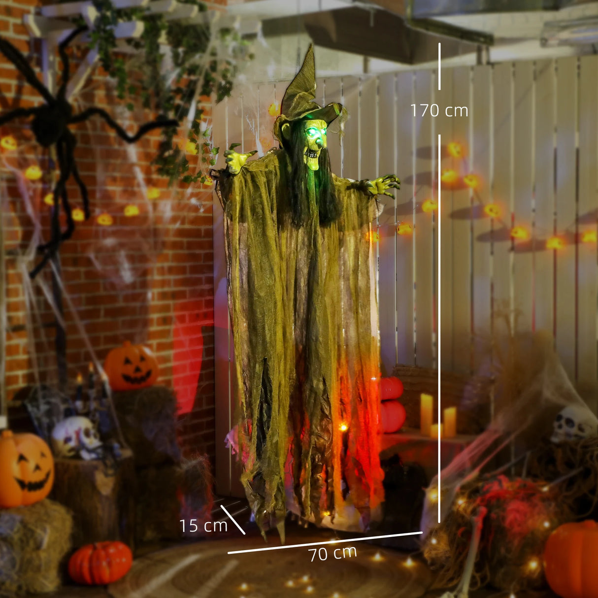 Outsunny 170 cm Life Size Hanging Halloween Animated Witch with Glowing LED Eyes, Spooky Witch Scary Halloween Decorations, Battery Operated, Indoor Party Props