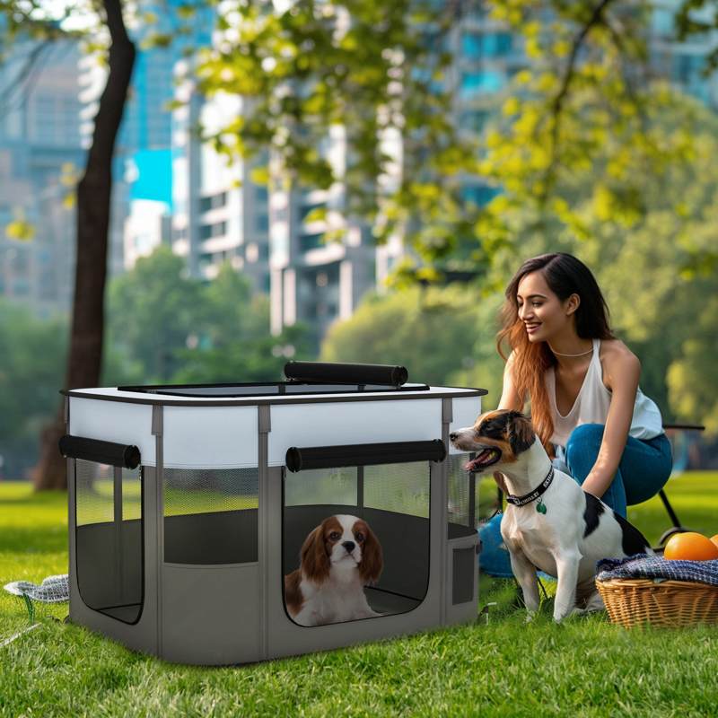 PawHut Foldable Dog Pen with Storage Bag for Indoor/Outdoor Use, Portable Pet playpen, with Ground Stakes - Grey