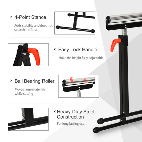 HOMCOM Set of 2 Folding Roller Stand, Material Support Pedestal with Ball Bearing Roller Height Adjustable Portable, Metal Construction, Black