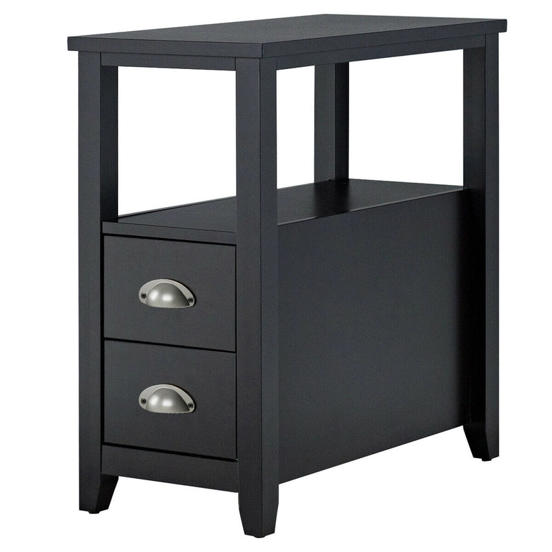 Retro Side Table Nightstand with 2 Drawers Stroage-Black