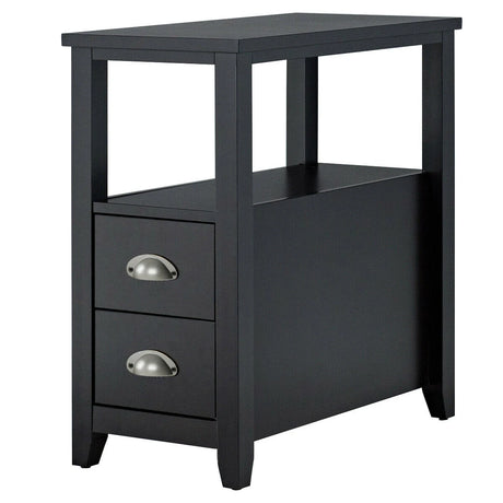 Retro Side Table Nightstand with 2 Drawers Stroage-Black