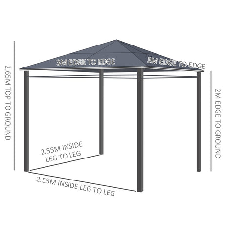 Outsunny 3 x 3(m) Hardtop Gazebo Canopy with Polycarbonate Roof, Permanent Pavilion Garden Gazebo with Curtains for Patio, Deck, Grey