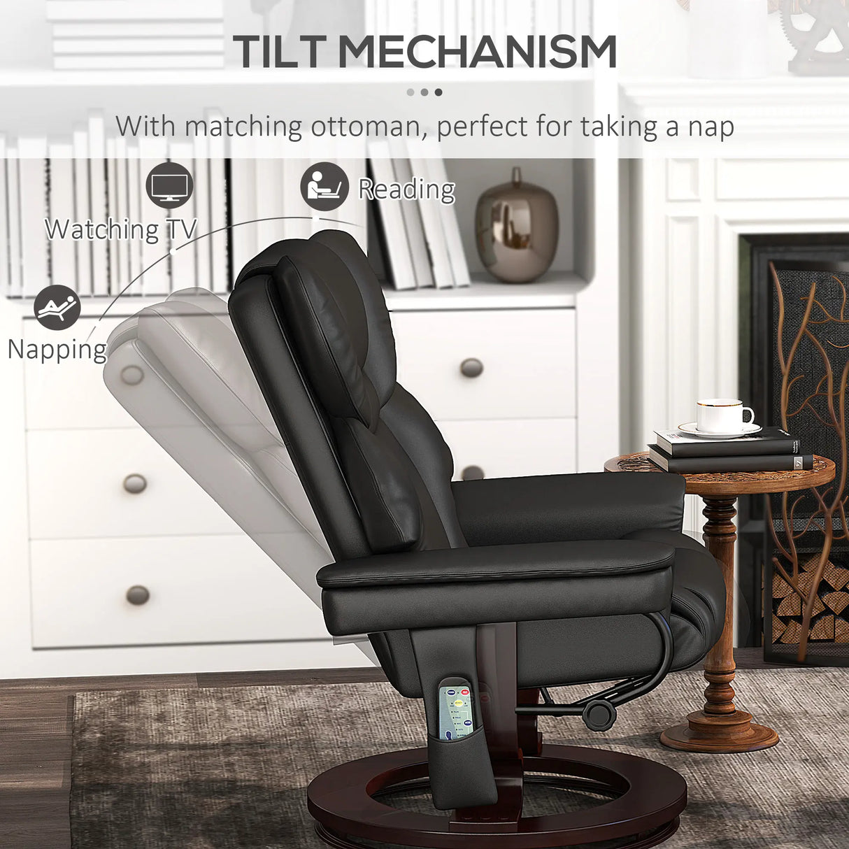 HOMCOM Massage Recliner Chair with Footstool, Upholstered Reclining Armchair with Adjustable Backrest, Steel Frame and Wood Base, Swivel Chair for Living Room, Bedroom, Black