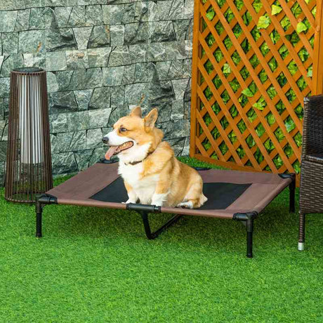 PawHut Large Raised Dog Bed Cat Elevated Lifted Cooling Portable Camping Basket Outdoor Indoor Mesh Pet Cot Metal Frame Brown