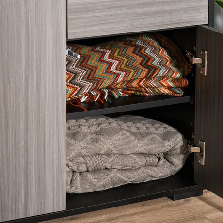 HOMCOM High Gloss Side Cabinet, Push-Open Design with 2 Drawers and 2 Cabinets for Living Room, 74H x 117W x 36Dcm, Light Grey and Black