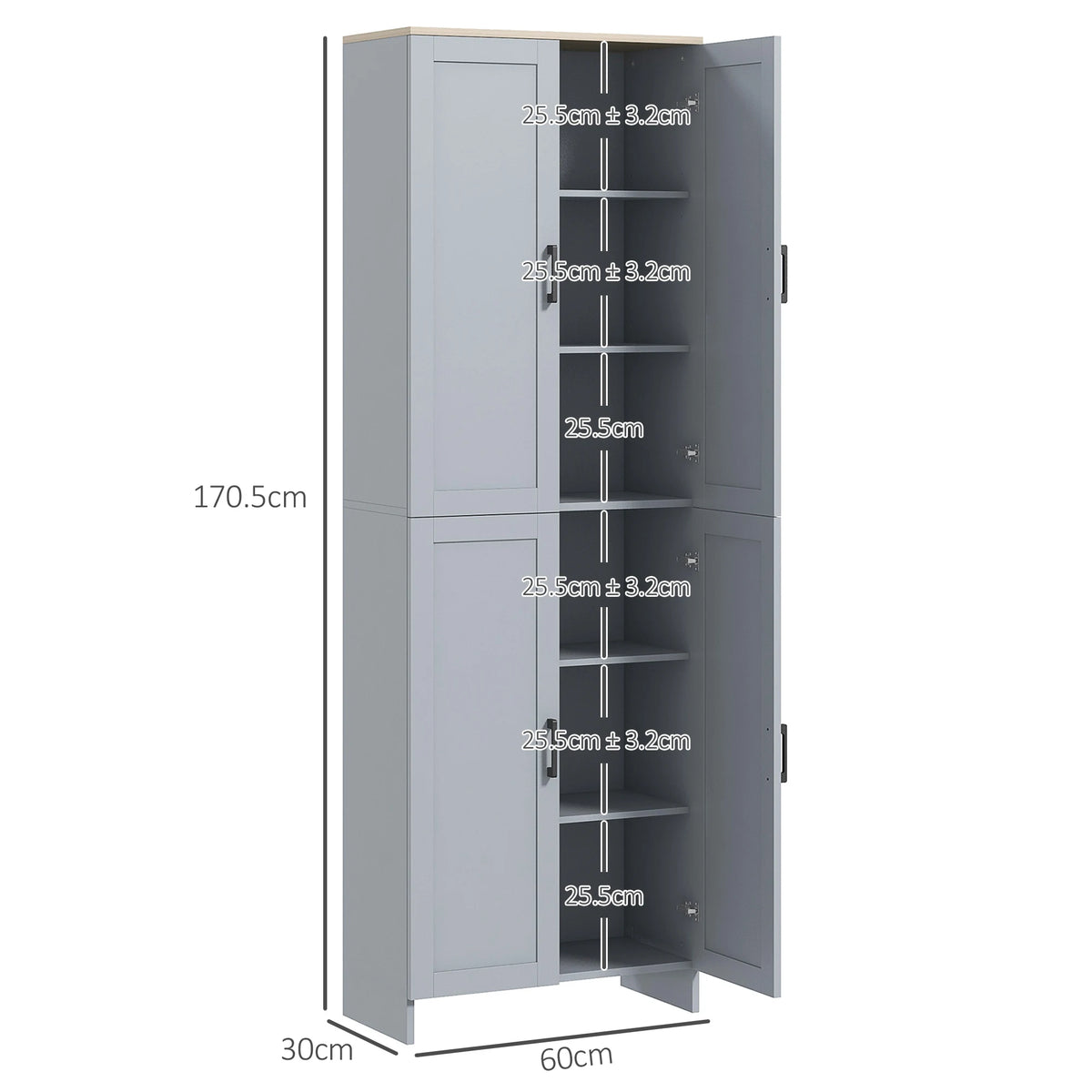 HOMCOM Freestanding Kitchen Cupboard, 4-Door Storage Cabinet with Adjustable Shelves, Modern Kitchen Pantry for Dining Room, 170cm, Grey