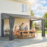 Outsunny 4.3 x 3 m Garden Pergola with Galvanised Steel Roof, Lean to Pergola Gazebo with Netting Curtains, Dark Grey