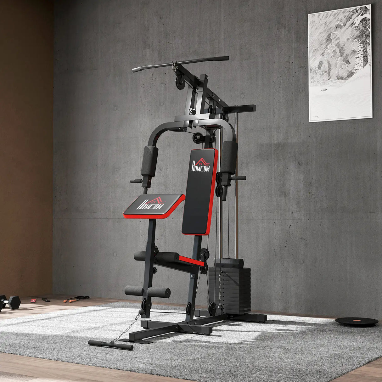 HOMCOM Multigym Station, with 66KG Weight Stack, for Strength Training - Red & Black