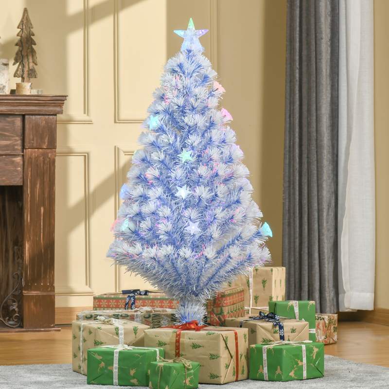 HOMCOM 4FT Artificial Fibre Optic Christmas Tree Seasonal Decoration w/ LED Lights Pre-Lit Easy Store White Blue