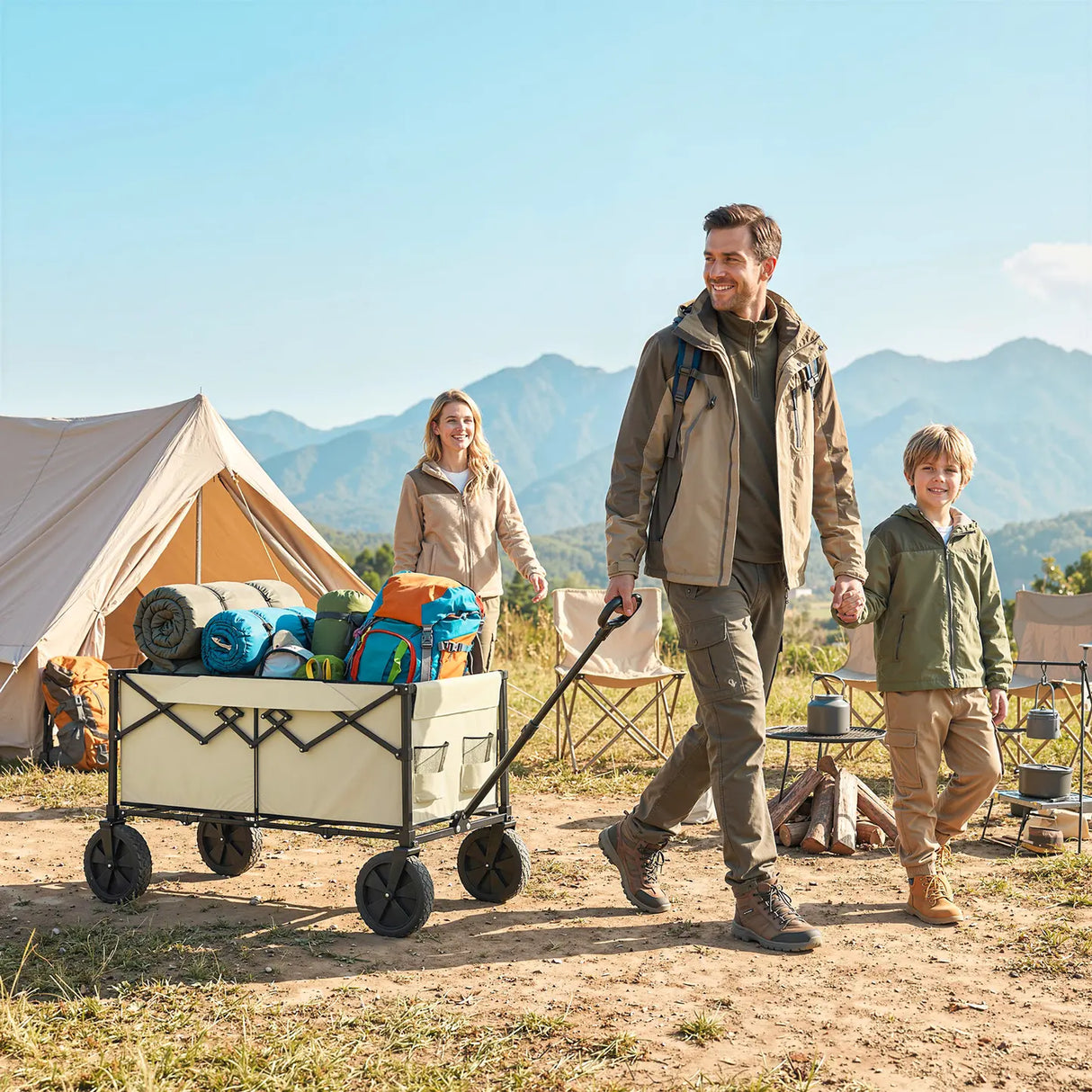 Outsunny 95L Foldable Festival Trolley on Wheels, Collapsible Wagon Cart with Adjustable Handle and 2 Cup Holders, Khaki