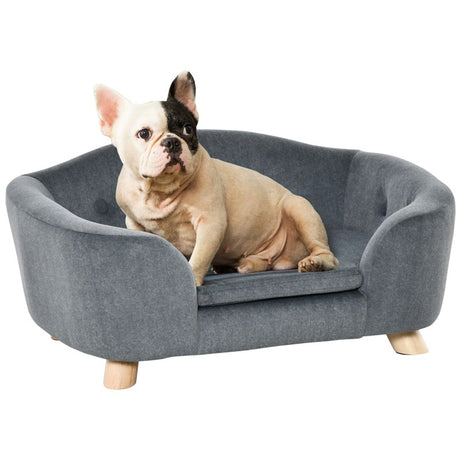 PawHut Dog Sofa Bed Pet Chair Couch with Water Resistant Fabric, Kitten Lounge with Soft Cushion Washable Cover, Wooden Frame for Mini Size Dogs - Grey