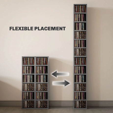 HOMCOM Set of 2 CD Media Display Shelf Unit Tower Rack with Adjustable Shelves, High Gloss Grey