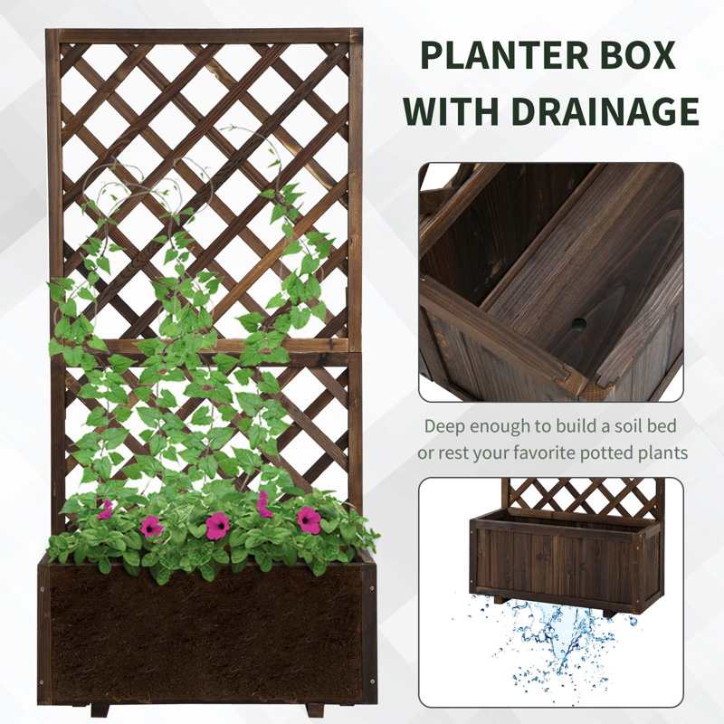 Outsunny 72.5 x 31.5 x 149.5 cm 45L Garden Wooden Pine Trough Planter with Topped Trellis Climbing Plants Flower Raised Bed, Carbonised Finish