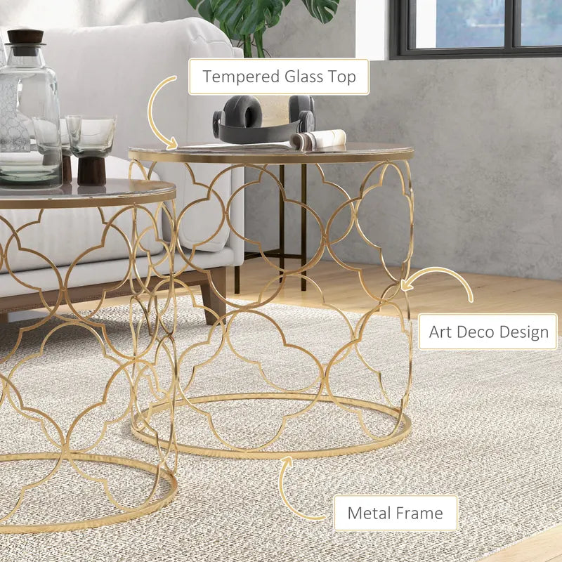 HOMCOM Nesting Tables Set of 2, Modern Stacking Side End Table with Tempered Glass Top, Metal Frame for Living Room Bedroom Office, Gold Tone