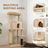 PawHut 132cm Cat Tree w/ Scratching Posts, Pad, Cat Bed, Cat House, Jumping Platform, Grooming Brush, Anti-Tip Kit, Beige