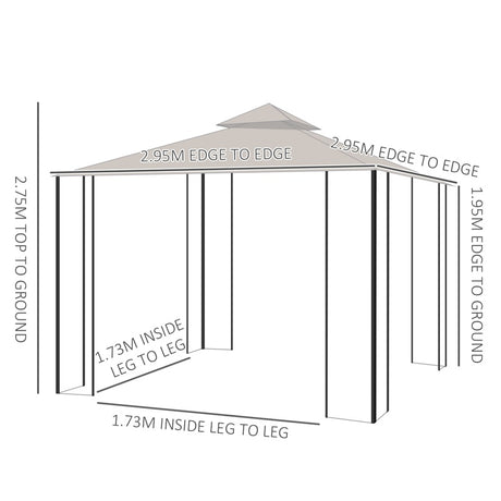 Outsunny 3 x 3(m) Garden Gazebo Patio Party Tent Shelter Outdoor Canopy Double Tier Sun Shade Metal Frame Netting Beige