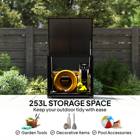 Outsunny 253L Garden Storage Box, Rattan Deck Box with Zipped Liner, Safe Pneumatic Rod, Patio Storage Container, Black