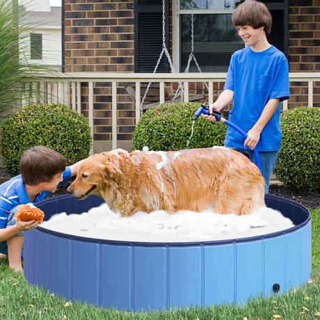 PawHut Foldable Dog Paddling Pool Pet Cat Swimming Pool Indoor/Outdoor Collapsible Summer Bathing Tub Shower Tub Puppy Washer (Φ140 x 30H (cm), Blue)