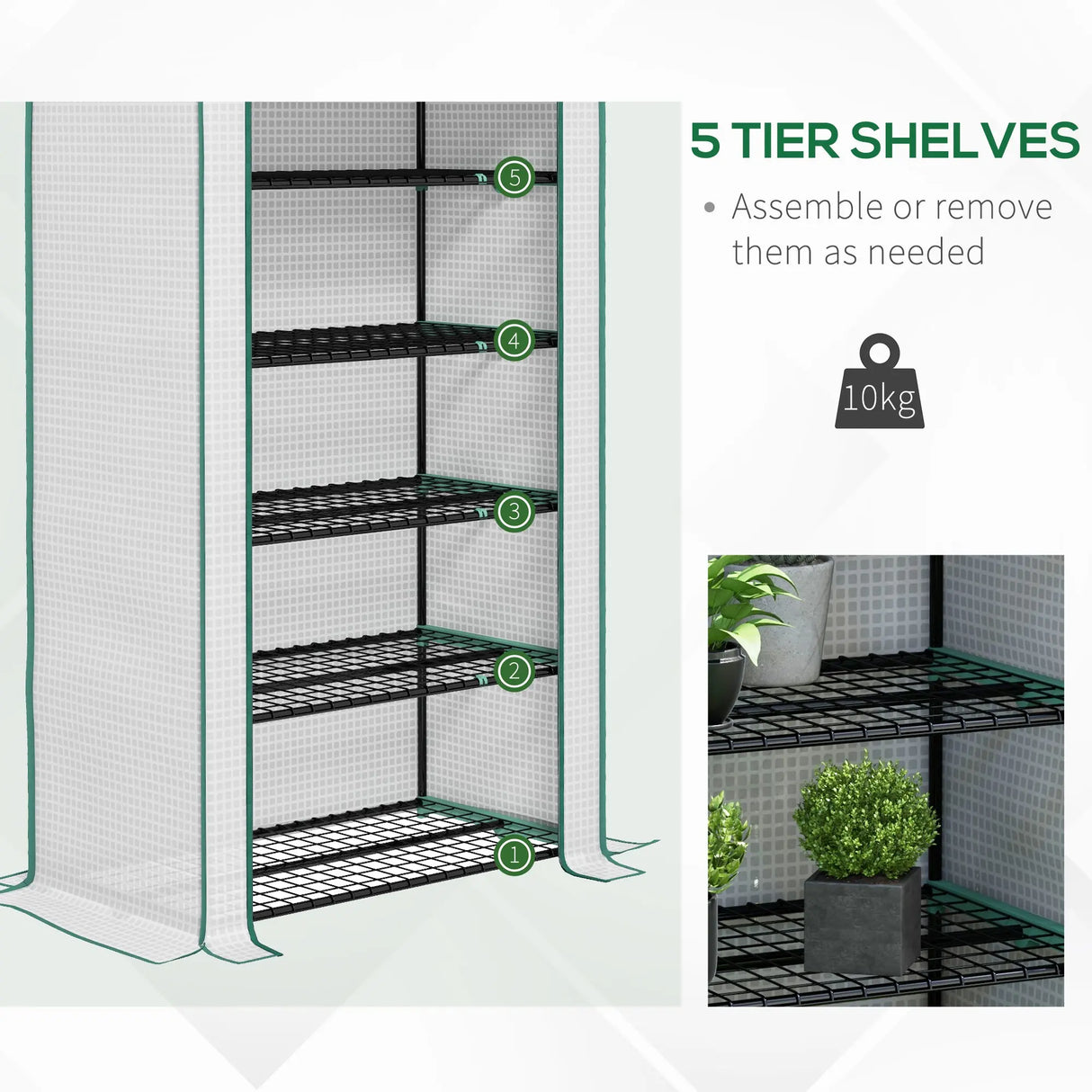 Outsunny 5 Tier Widened Mini Greenhouse with Reinforced PE Cover, Portable Indoor Outdoor Green House with Roll-up Door and Wire Shelves, 193H x 90W x 49Dcm, White