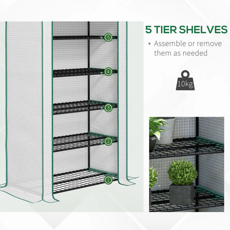 Outsunny 5 Tier Widened Mini Greenhouse with Reinforced PE Cover, Portable Indoor Outdoor Green House with Roll-up Door and Wire Shelves, 193H x 90W x 49Dcm, White