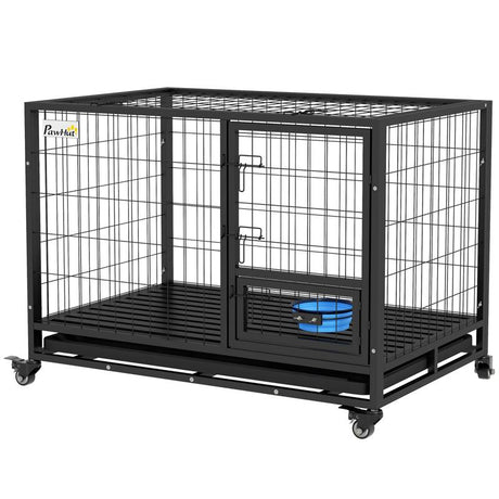 PawHut Heavy Duty Dog Crate on Wheels w/ Bowl Holder, Removable Tray, Openable Top, Detachable Door, for L, XL Dogs