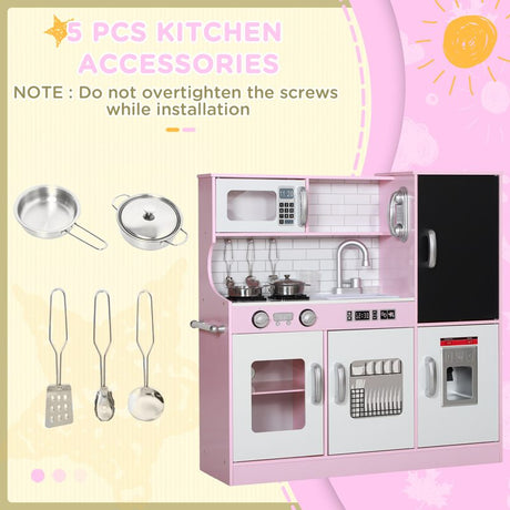 AIYAPLAY Pretend Play Kitchen, Kids Kitchen Playset w/ Toy Phone, Chalkboard, Microwave, Cooking Stove, Sink