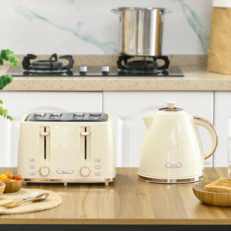 HOMCOM Kettle and Toaster Set, 1.7L 3000W Fast Boil Jug Kettle, 4 Slice Toaster with 7 Level Browning Controls, Beige