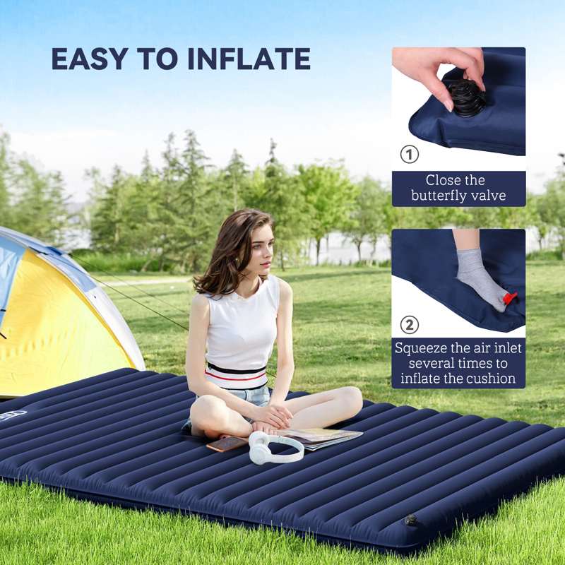 Outsunny 2 Person Camping Inflating Sleeping Mat Inflatable Mattress Ultralight Folding Bed Portable Air Bed for Outdoor Backpacking Hiking Travel - Blue