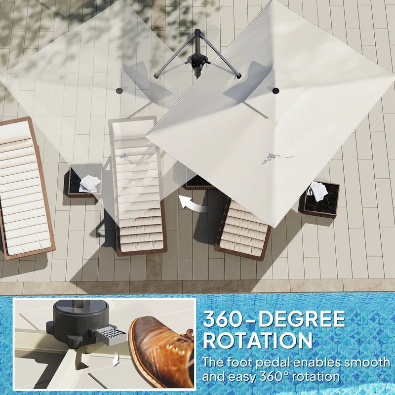 Outsunny 3.7 x 2.7 m Cantilever Parasol w/ 360 Rotation and Easy Tilt Adjustment, Aluminium Hanging Offset Outdoor Umbrella w/ Double Top and Cross Base, UPF50+ Hanging Sun Shade, Grey Wood Effect
