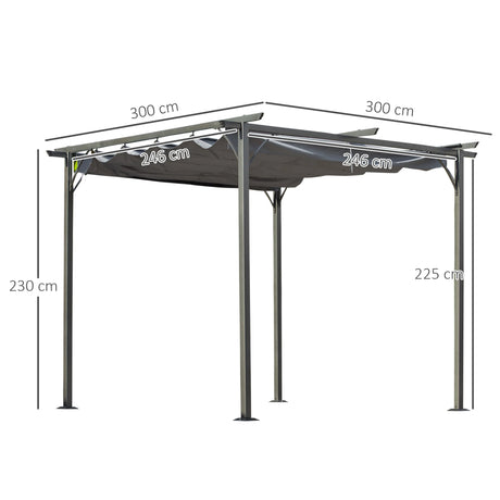 Outsunny 3 x 3(m) Metal Retractable Pergola, Garden Gazebo Metal Pergola Canopy Outdoor Sun Shade Shelter for Party BBQ, Grey
