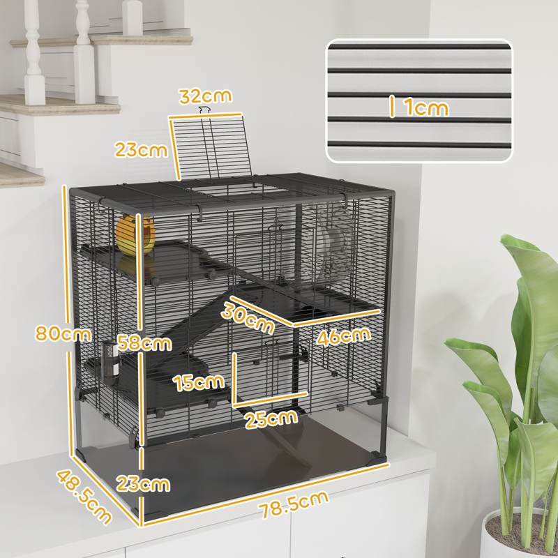 PawHut 4 Tiers Hamster Cage with Deep Tempered Glass Bottom, Hut, Running Wheel, Food Dish, Water Bottle, 78.5 x 48.5 x 80cm