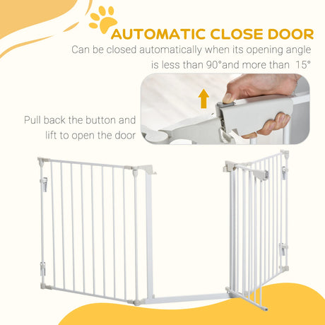 PawHut Pet Safety Gate, 3 Panels Playpen Fireplace, Foldable Metal Fence, Stair Barrier, Room Divider, Fire Guard w/ Automatic Closing Door, White